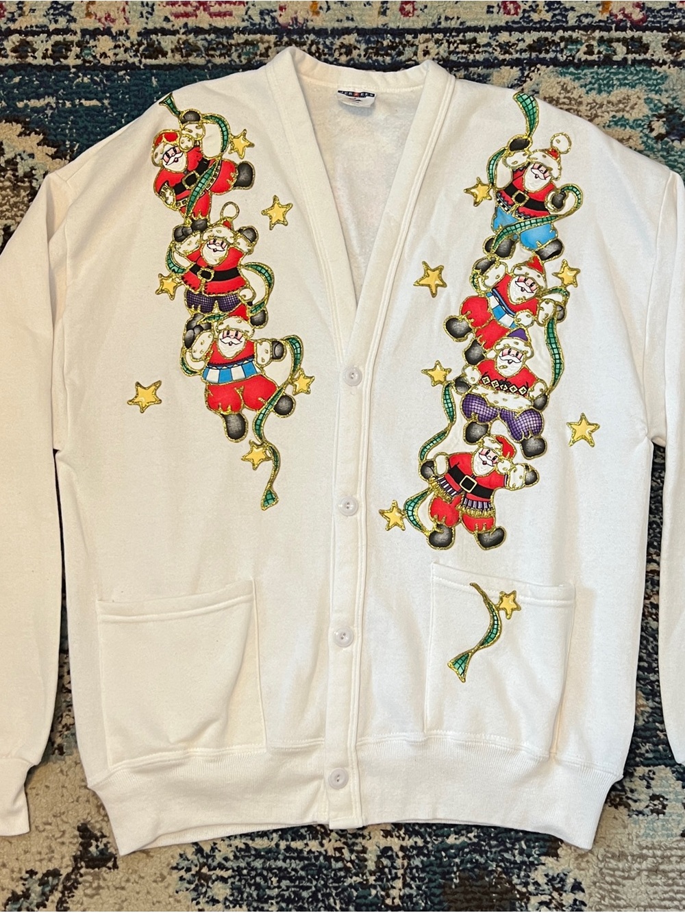 Vintage White Holiday Santa Cardigan Sweatshirt
